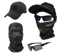 Sibo - Pack Tactique 3-en-1 Airsoft - Casquette Camouflage avec Scratch + Cagoule Légère + Lunettes UV - pour Airsoft, Paintball, Moto, Randonnée, Cyclisme, Outdoor (Noir)