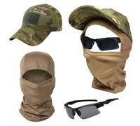 Sibo - Pack Tactique 3-en-1 Airsoft - Casquette Camouflage avec Scratch + Cagoule Légère + Lunettes UV - pour Airsoft, Paintball, Moto, Randonnée, Cyclisme, Outdoor (Vert/Brun)