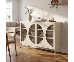 Sicaan Buffet Industriel en métal 4 Portes Beige et Verre cannelé 140cm Elio