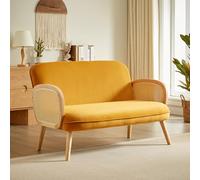 Sicaan Canapé 2 Places Bohème ROSI Velours Ocre Jaune - Sofa Fixe avec Accoudoirs Cannage Bois Hévéa - Canapé Élégant et Confortable pour Salon Moderne Design Chic Bohème - Dimensions 125x79x83 cm