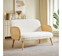 Sicaan Canapé 2 Places ROSI Bouclette Blanc - Style Bohème Élégant et Naturel - Accoudoirs en Cannage et Pieds Bois Hévéa - Compact Confortable Moderne Chic pour Salon Tendance 125x79x83cm