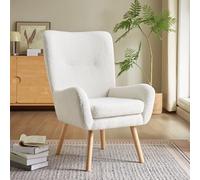 Sicaan Fauteuil Moderne | GAÏA, Tissu Bouclette Blanc, Style Scandinave Cosy Moderne, L.66.5 x P.80.5 x H.98 cm, Pieds Naturels en Hévéa, Fauteuil Relax Confortable pour Salon, Chambre et Bureau