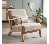 Sicaan Fauteuil Salon Beige Scandinave Marie - Fauteuil Scandinave Confortable en Lin avec Coussin - Accoudoirs en Bois Courbé Design Moderne Élégant Relax Vintage pour Salon Chambre 65 x 84 x 74 Cm