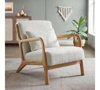 Sicaan Fauteuil Salon Scandinave Blanc Vintage Marie - Tissu Bouclette Accoudoirs Bois Courbé avec Coussin Design Cosy Élégant Fauteuil Salon Chambre Bureau Cocooning Confortable 84 x 65 x 74 cm