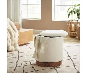 Sicaan Pouf Coffre de Rangement Juliette en Tissu Bouclette Blanc Base en Bois Foncé - Repose-Pieds Scandinave Cosy - Tabouret Coffre Élégant Polyvalent pour Salon, Chambre ou Bureau - 38x42x34,5 cm