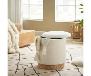 Sicaan Pouf Coffre Juliette en Tissu Bouclette Blanc - Tabouret de Rangement Style Scandinave avec Base Bois - Pouf d’Appoint Polyvalent et Élégant pour Salon, Chambre ou Bureau - 38 x 42 x 34.5 cm