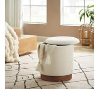 Sicaan Pouf Coffre Juliette Tissu Bouclette Blanc & Base Bois foncé