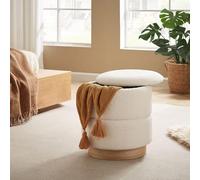 Sicaan Pouf Coffre ROMÉO en Tissu Bouclette Blanc - Tabouret de Rangement Style Scandinave et Art Déco avec Base Bois Apparente - Pouf Rigide Chic et Pratique pour Salon ou Chambre - 37 x 37 x 42 cm