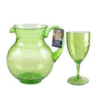 Sicignano Service pour 4 personnes Carafe et verres à pied 430 ml en acrylique martelé, ensemble de couleur verte, verre incassable