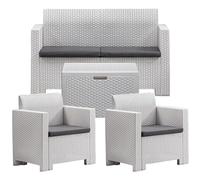 Sicignano - Set d'extérieur Nebraska pour 4 personnes, canapé fauteuils table basse en polypropylène avec finition rotin, imperméable, résistant - Idéal pour jardin, terrasse, bar, piscine (blanc)