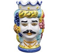 sicilia bedda - Têtes de Moro SICILIENNES en céramique de CALTAGIRONE - Fabriquées à la main - Hauteur 18 centimètres (homme, Couronne bleue)