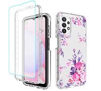 Sidande Coque pour Galaxy A13 4G/A13 LTE 4G SM-A135F avec Protection d'écran en Verre trempé, Coque intégrale Antichoc en TPU Floral Souple Transparent pour Samsung Galaxy A13 4G 2022 Rose
