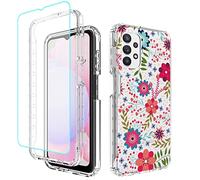 Sidande Coque pour Galaxy A13 4G/A13 LTE 4G SM-A135F avec Protection d'écran en Verre trempé, Coque intégrale Antichoc en TPU Floral Souple Transparent pour Samsung Galaxy A13 4G Motifs Floraux