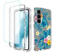 Sidande Coque pour Galaxy S23 Case, pour Samsung S23 avec Protection d'écran en Verre trempé, Coque intégrale Antichoc en TPU Floral Souple Transparent pour Samsung Galaxy S23 Fleurs & Feuilles