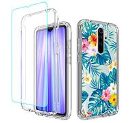 Sidande Coque pour Redmi Note 8 Pro M1906G7I avec Protection d'écran en Verre trempé, Coque intégrale Antichoc en TPU Floral Souple Transparent pour Xiaomi Redmi Note 8 Pro Fleurs & Feuilles