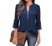 Siddhe Chemisier à col en V pour femme - Manches 3/4 - Tunique - Fermeture éclair - T-shirt à manches longues - Tunique