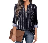 Siddhe Chemisier à col en V pour femme - Manches 3/4 - Tunique - Fermeture éclair - T-shirt à manches longues - Tunique