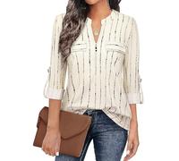 Siddhe Chemisier à col en V pour femme - Manches 3/4 - Tunique - Fermeture éclair - T-shirt à manches longues - Tunique