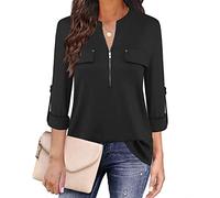 Siddhe Chemisier à col en V pour femme - Manches 3/4 - Tunique - Fermeture éclair - T-shirt à manches longues - Tunique, Noir manches 3/4, XL