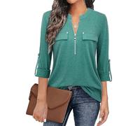 Siddhe Chemisier à col en V pour femme - Manches 3/4 - Tunique - Fermeture éclair - T-shirt à manches longues - Tunique, vert clair, XXL