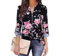 Siddhe Chemisier élégant pour femme - Chemisier chic et festif - Manches 3/4 - Décontracté - Tunique longue - Col en V - Rose - Motif floral - Noir - XL