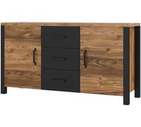Sideboard 150cm Collection DARWIN. Couleur épicéa et noir. 2 portes et 3 tiroirs.