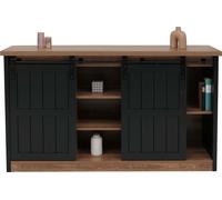 Sideboard HWC-K75, Highboard étagère armoire porte coulissante 7 compartiments imitation bois métal industriel 84x150x40cm ~ brun-noir