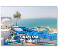 SIDI BOU SAID TUNISIA Aimant de réfrigérateur avec vue sur la mer et le village bleu Sidi Bou Said, Tunisie, Afrique