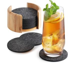 Sidorenko Dessous de Verre Lot de 10 Gris - sous Verre Feutre Ø10cm - sous Tasse Protège Meubles - Support Bambou Inclus - Lavable