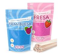 SIDRAL - Sucre Barbe à Papa pour machine- Arômes et Colorants Naturels - Lot de 2 x 250GR (Fraise - Framboise) poudre barbapapa + 25 Bâtonnets recyclables pour dégustation