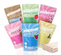 SIDRAL - Sucre Barbe à Papa pour machine - Arômes et Colorants Naturels - Lot de 2 x 500GR (Fraise - Framboise - Cola - Cerise - Tropical - Pomme) poudre barbapapa + 50 Bâtonnets recyclables