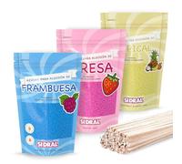 SIDRAL - Sucre Barbe à Papa pour machine - Arômes et Colorants Naturels - Lot de 3 x 250GR (Fraise - Framboise - Tropicale) poudre barbapapa + 50 Bâtonnets recyclables pour dégustation