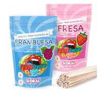 SIDRAL - Sucre Colorant Barbe à Papa pour machine - Sucre colorant pour la langue - Arômes et Colorants Naturels - Lot de 2 x 250GR (Fraise - Framboise) poudre barbapapa + 25 Bâtonnets recyclables