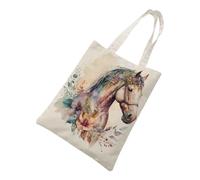 Siebe Tote Bag 30X40 Chevaux Et Fleurs Sac En Toile De Jute Bag De Coton Tissu Sac D'Achat Longues Poignées,Reutilisable,Sac Fourre Tout En Toile,Pliable Réutilisable Écologique