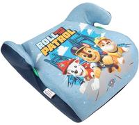Siège auto de sécurité pour enfant Paw Patrol d'une hauteur de 125 à 150 cm avec des graphismes des adorables petits chiens Chase, Rubble et Marshall sur fond bleu, dosseret de voiture,
