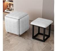 Siège cube pivotant 5 en 1 avec tabourets empilables et pouf gigogne - Repose-pieds mobile à roulettes pour salon et chambre à coucher en tissu gris clair