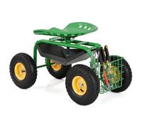 Siège de Jardin COSTWAY Mobile à Roulant-Pivotant 360°-Hauteur Réglable avec Plateau-Panier de Rangement-Roues Pneumatiques-Vert