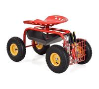 Siège de Jardin COSTWAY Mobile à Roulant-Pivotant 360°-Hauteur Réglable avec Plateau-Panier de Rangement-Roues Pneumatiques-Rouge