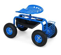 Siège de Jardin COSTWAY Mobile à Roulant-Pivotant 360°-Hauteur Réglable avec Plateau-Panier de Rangement-Roues Pneumatiques-Bleu