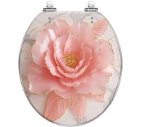 Siège de toilette décoratif rond rose pour salle de bain | Fabriqué en résine effet marbre, orné de camélias, et rehaussé de finitions dorées pour une décoration élégante.