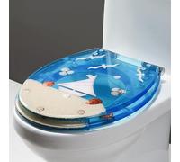 Siège de toilette Soft Close White D Shape， A, Abattant WC rond en résine, motif coquillages bleus, effet 3D