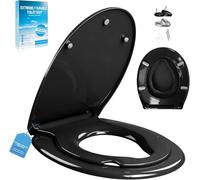Siège de WC avec mécanisme d'abaissement automatique, cuvette de forme ronde en matériau antibactérien durable et haute résistance jusqu'à 200 kg, fonction de démontage, Siège Familial Ovale Noir