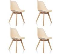 hjh OFFICE 661012 Set de 4 chaises de Salle à Manger Scandi Plastique Beige Pieds en Bois Massif hêtre, Chaise rembourrée Design rétro