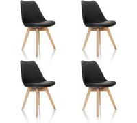 hjh OFFICE 661011 Set de 4 chaises de Salle à Manger Scandi Plastique Noir Pieds en hêtre Massif, Chaise rembourrée Design rétro