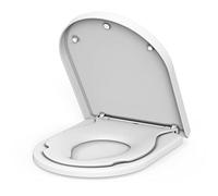 Siège WC de forme D pour usage commercial - Réducteur pour enfants intégré - Fermeture amortie soft-close - Détachement rapide, installation par le haut, charnières réglables - Matériau PP sûr