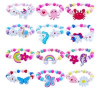 SIELEVIN Lot de 12 bracelets en bois pour filles - Licorne et sirène - Bracelets de perles en bois pour fête d'anniversaire, cadeaux de sacs à friandises, piñata, arc-en-ciel, papillon, cœur, bijoux