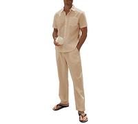 SIENDIU Ensemble 2 pièces en lin pour homme - Vêtements de plage et de mariage - Chemises boutonnées décontractées - Pantalon de yoga - Costume d'été assorti, kaki, 3X-Large