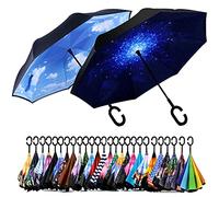 SIEPASA Lot de 2 parapluies inversés de 124,3 cm/142,4 cm, extra large, double auvent, coupe-vent, imperméable, avec poignée en forme de C (bleu ciel et ciel étoilé, 124 cm)