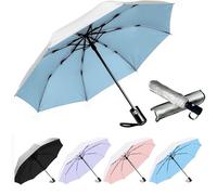 SIEPASA Parapluie de voyage compact avec protection anti-UV UPF 50+, coupe-vent, avec 8 baleines en fibre de verre, bouton d'ouverture et de fermeture automatiques, argenté/bleu
