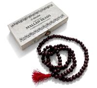 Siesta Collier de perles Mallah Mala issu du commerce équitable | 108 perles en bois Uttis authentiques | Chapelet bouddhiste traditionnel avec pompon rouge | Boîte cadeau en papier Lokta fait main